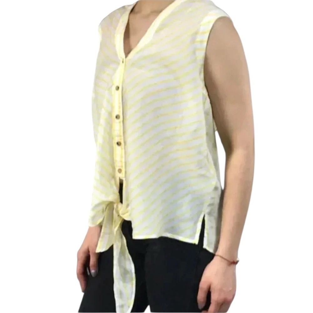 Maeve Anthropologie Womens Yellow White Sleeveless Striped Tie front‎ Blouse 4